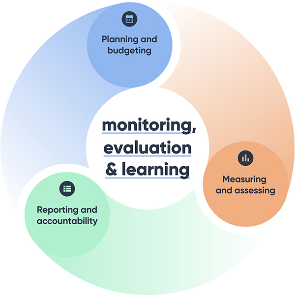 A round graphic with a line drawing of a page and a magnifying glass at the centre. There is inner text which forms a circle with “monitoring” at the top of the circle and “evaluation” at the bottom. A circle of outer text has three sections which read “implementing, measuring and assessing”, “reporting and being accountable” and “planning and budgeting”.